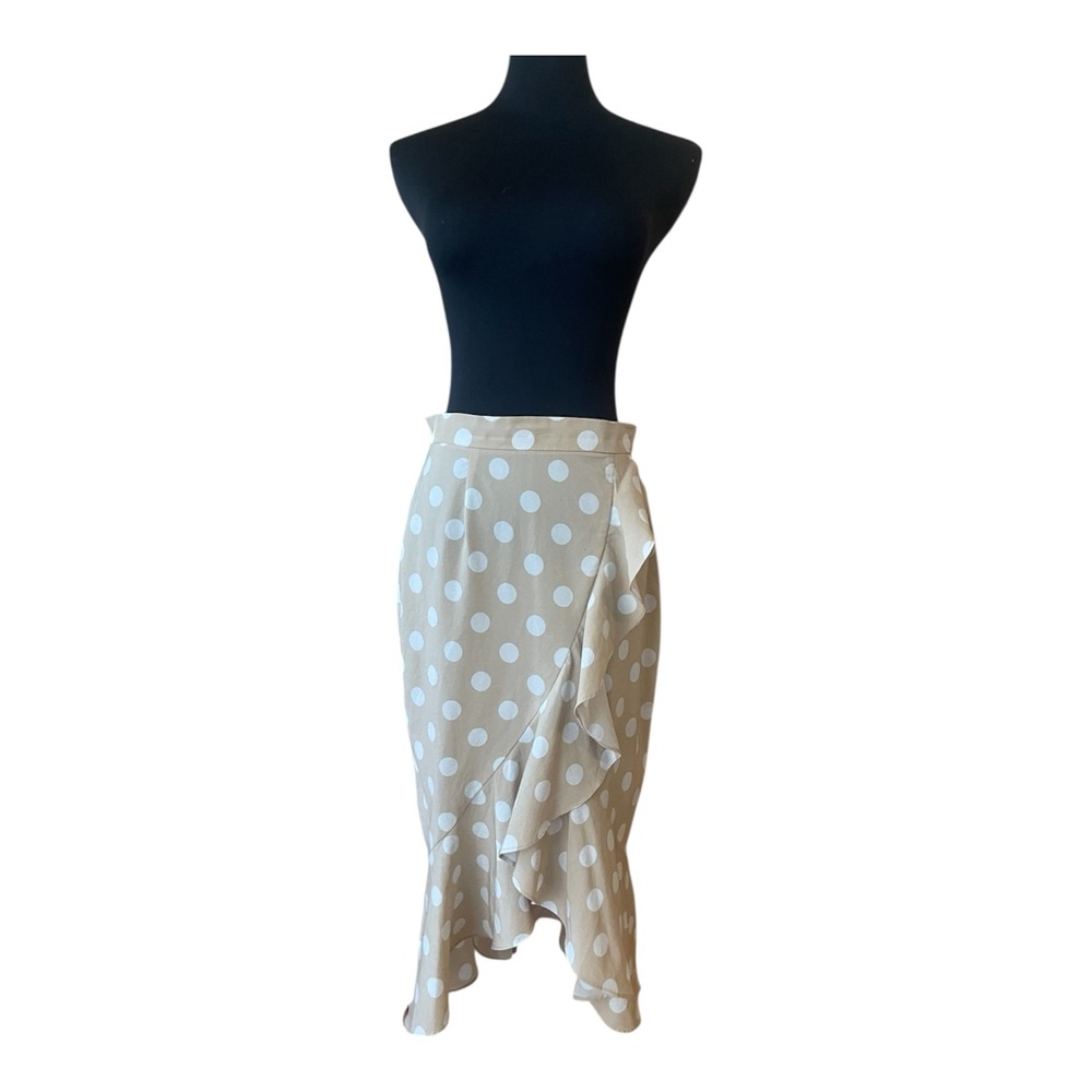 Vintage 2000s Y2K White & Tan Polka Dot High Waist Skirt Ruffle Side Zipper S/M